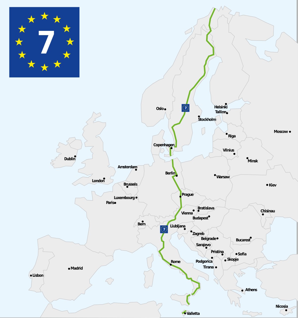 Mappa Eurovelo 7 da Capo Nord a Malta