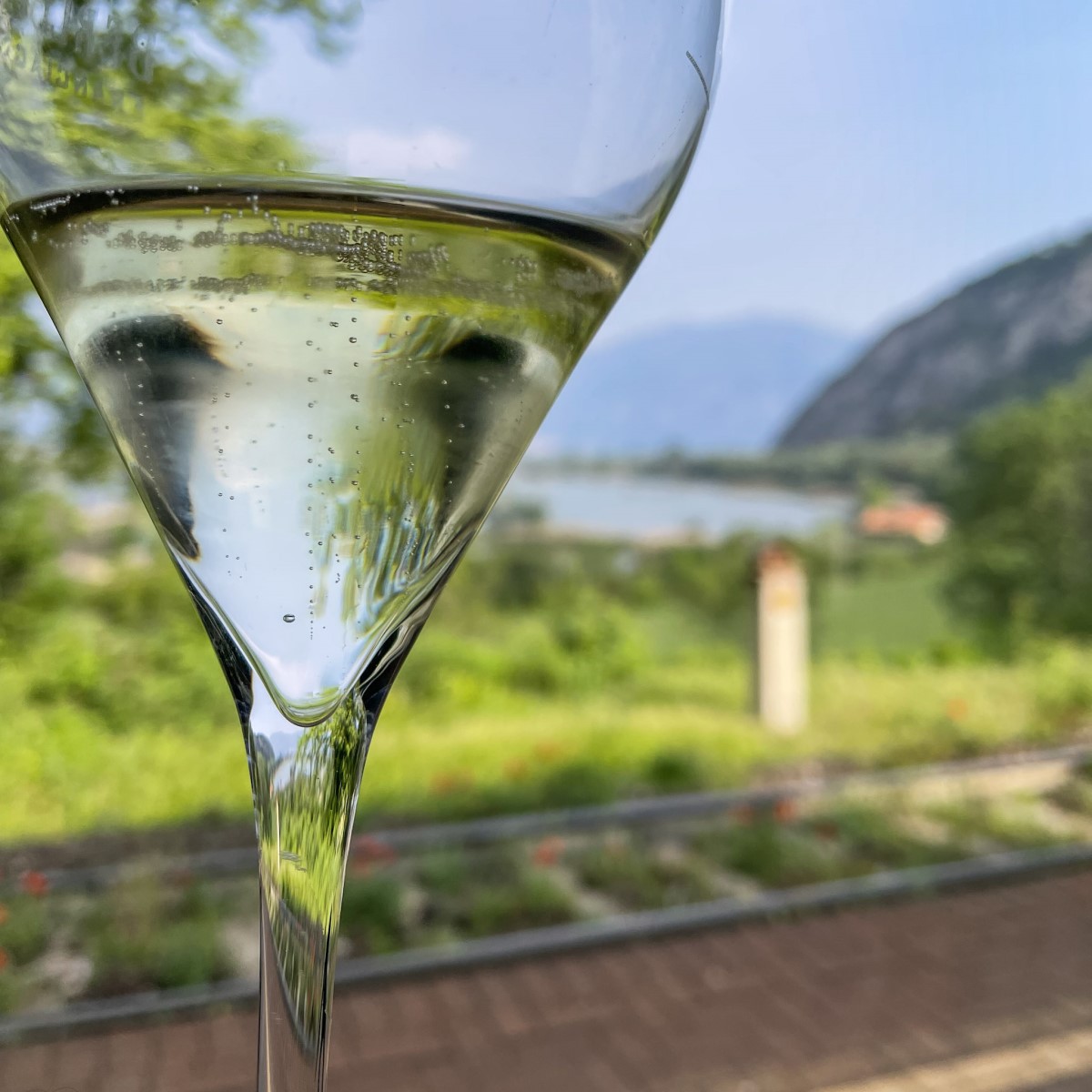 Locanda del Viandante con calice di Franciacorta vista torbiere